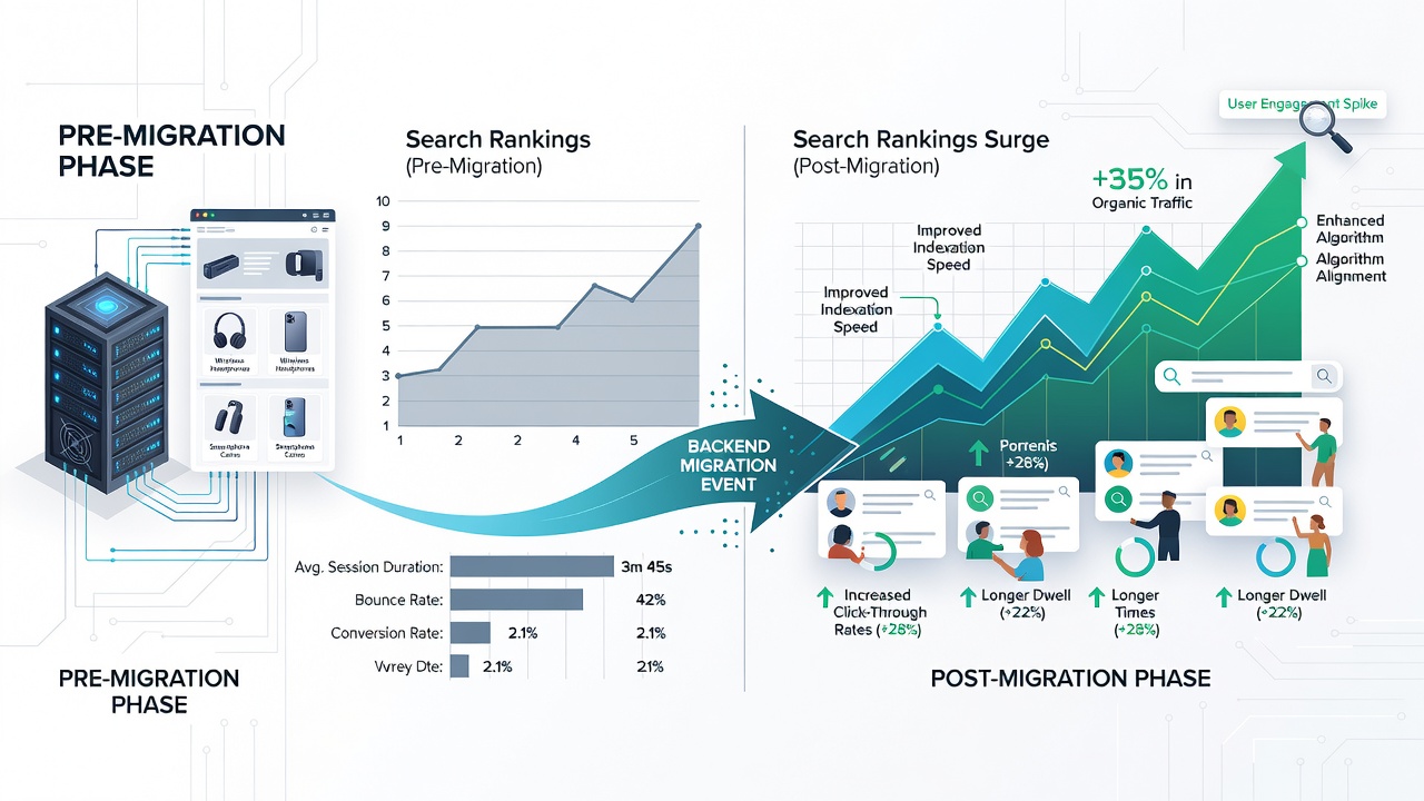 Analytics graphs comparing user engagement metrics before and after backend migration on an e-commerce site